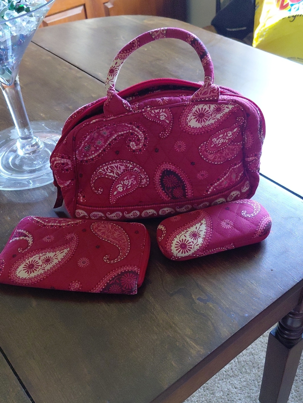 Vera Bradley Raspberry Paisley Quilted Cosmetic Bag Trio